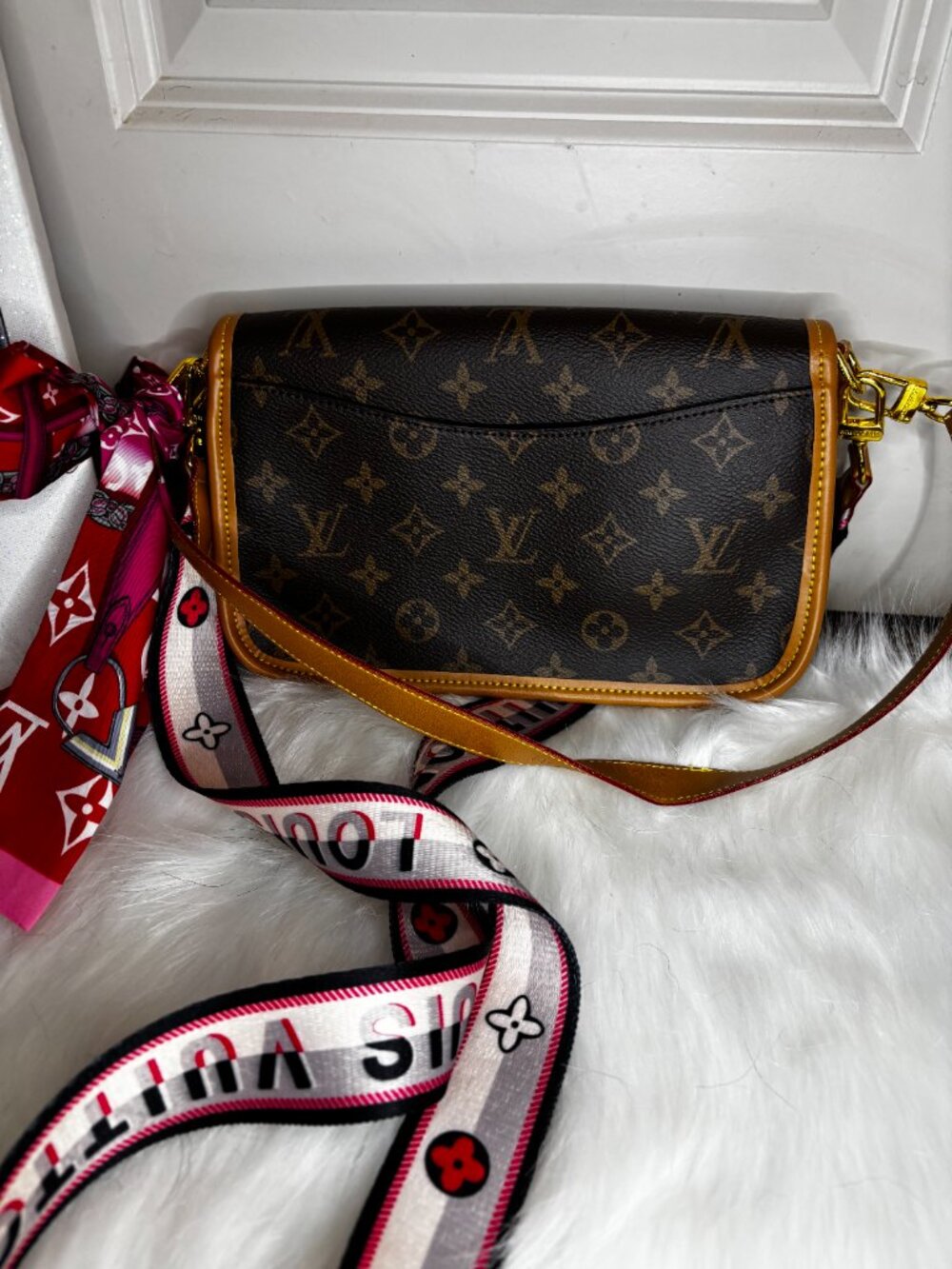 LV Monogram Crossbody Bag | Pink & White Strap + Scarf - Picture 2 of 5